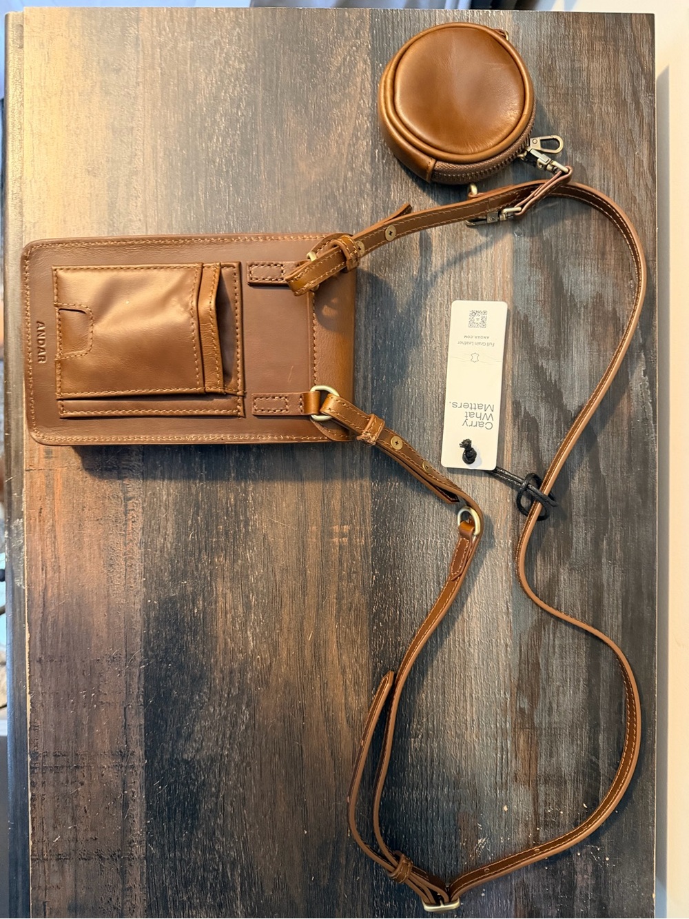 Genuine Leather Brown Crossbody Phone Pouch with Coin Case